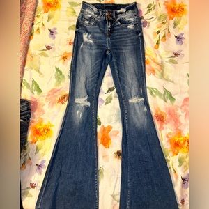 Flying monkey frayed / ripped flare wide leg denim jeans